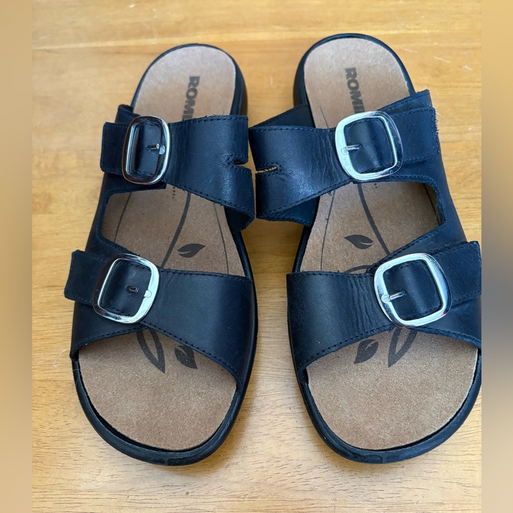 Romika Black Leather Double-Buckle Slide Sandals